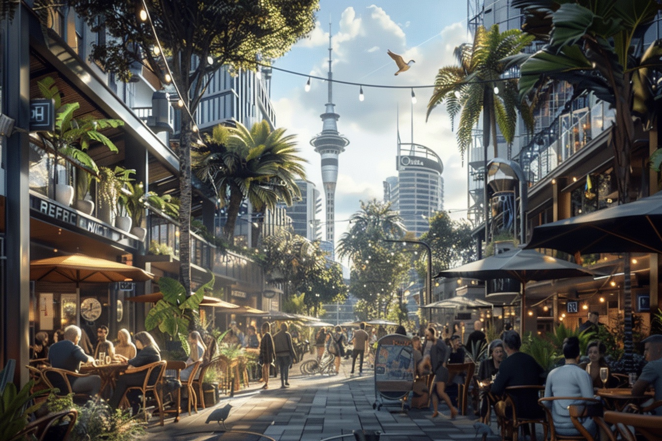 A liveable, walkable neighbourhood in Auckland with busy cafés, a tram line nearby and the skyline of skyscrapers and Sky Tower